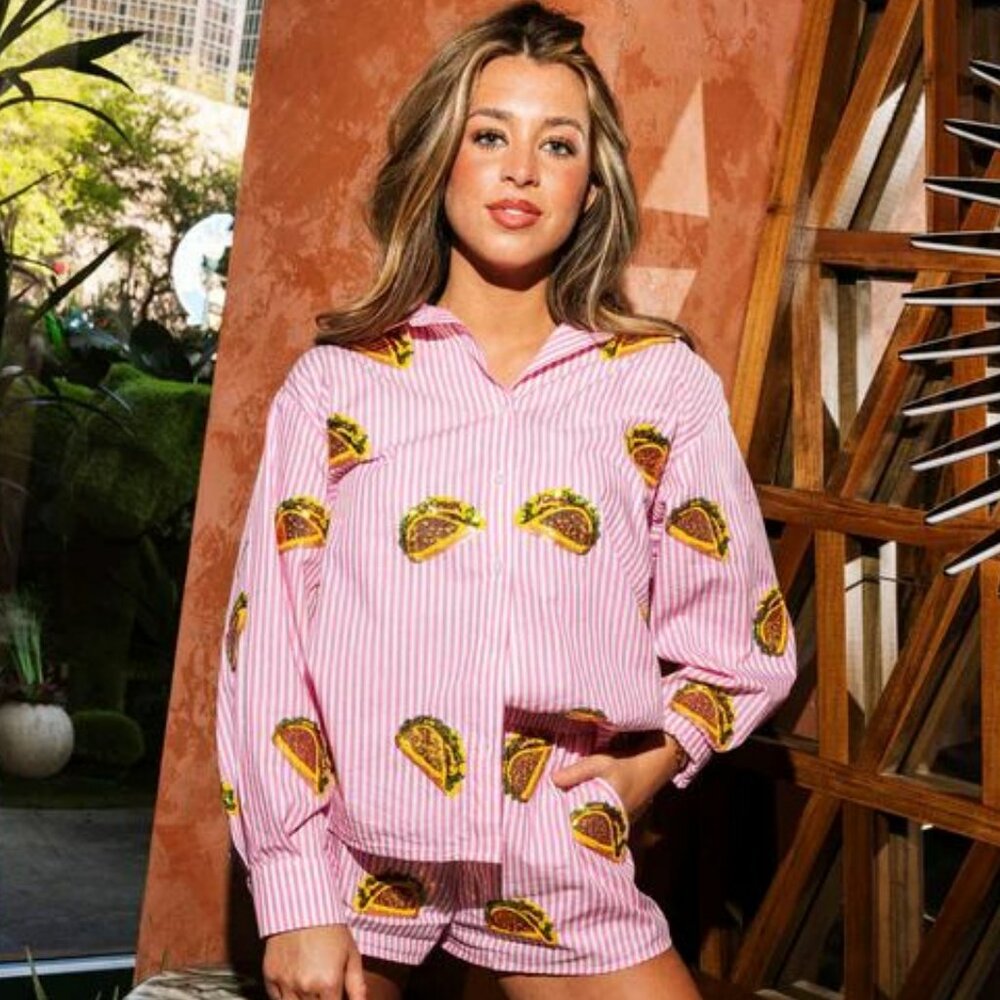 Queen Of Sparkles Pink & White Sequin Taco Stripe Cotton Shirt